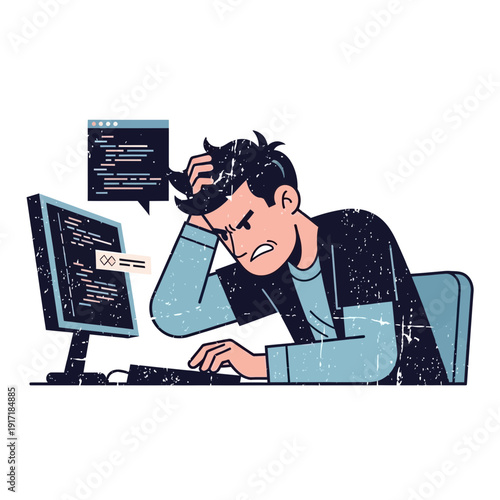 Frustrated programmer struggling with code on computer screen