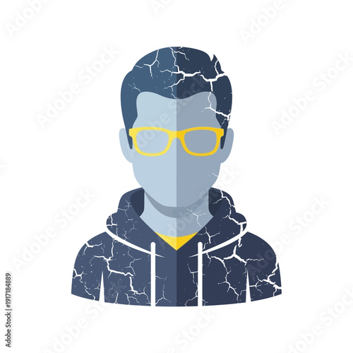 Cracked persona avatar with glasses, representing identity crisis or broken self.