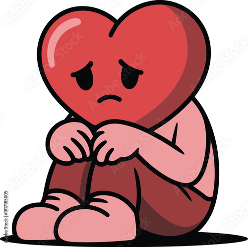 Sad heart emotional cartoon character sitting alone with worried expression