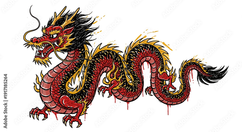 Fototapeta premium A vibrant red and gold Chinese dragon with black details and a stylized, slightly drippy texture, depicted in a traditional art style.