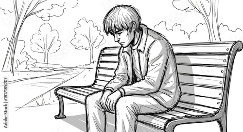 A young man sits alone on a park bench, looking down with a somber expression.