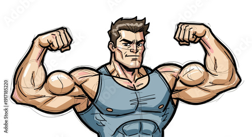 Muscular cartoon man flexing his biceps in a grey tank top, showcasing strength and fitness.