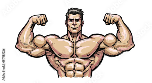 Detailed illustration of a muscular man flexing his biceps and chest, showcasing his strong physique and fitness.