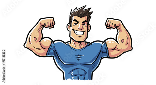 Cartoon illustration of a strong, smiling man flexing his biceps, showcasing his muscular physique and confidence.