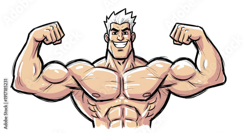 A muscular man with white spiky hair flexing his biceps with a wide smile.