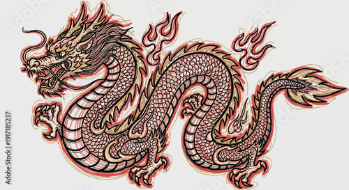 Detailed illustration of a majestic Chinese dragon with scales, claws, and fiery accents, depicted in a traditional style.