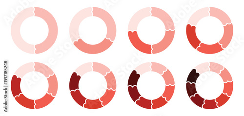 Pie chart set. Circle pie chart. 2,3,4,5,6,7,8,9 sections or steps. Pie chart business infographic isolated on white background. Vector illustration. 