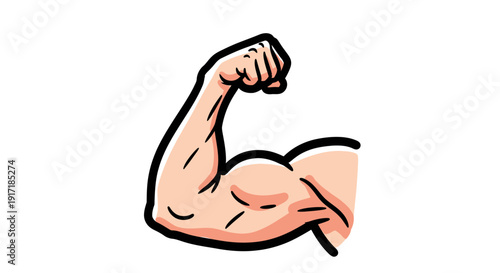 A cartoon illustration of a flexed bicep on a light-skinned arm, symbolizing strength and physical power.
