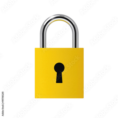A bright yellow padlock with a black keyhole on a solid black background