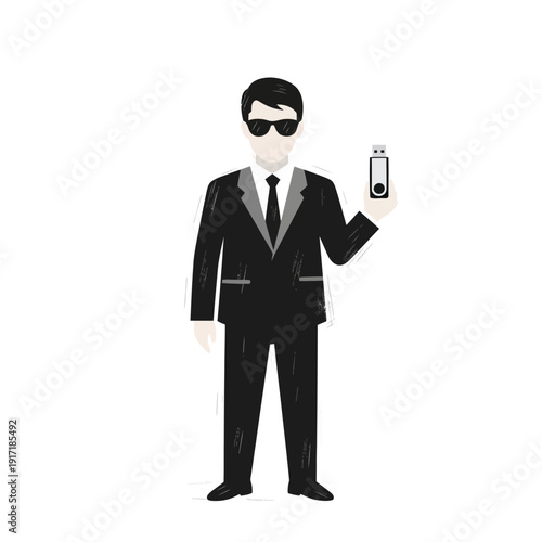 Man in suit holding USB drive, secret agent concept