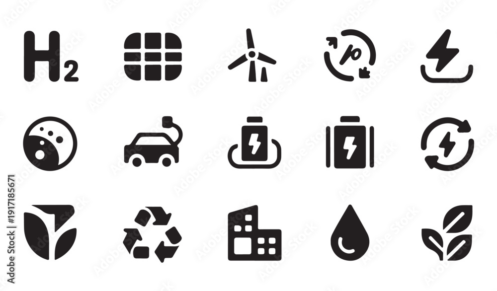Fototapeta premium Alternative energy icons representing hydrogen fuel solar power wind turbines and electric