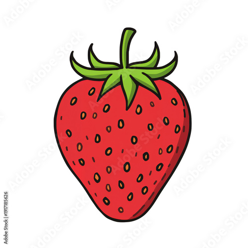 Vibrant red strawberry illustration with green leaves on black background