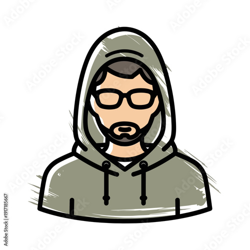 Man with glasses and beard in hoodie, illustration, stylized portrait