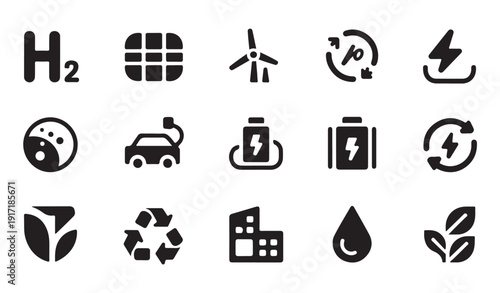 Alternative energy icons representing hydrogen fuel solar power wind turbines and electric