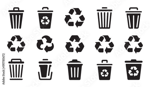 Recycle bin icon set containing various waste containers and triangular recycling symbology