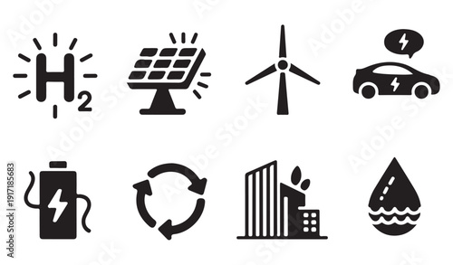 Sustainable energy concept icons featuring solar panels wind turbines and electric vehicles
