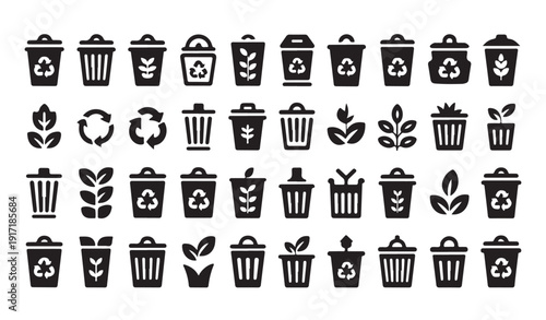 Waste management icons showing trash bins with recycling and organic leaf symbols for sort