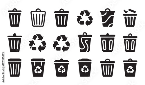 Collection of trash can icons and recycling symbols for environmental waste management app