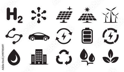 Clean energy and renewable energy icon set showing hydrogen solar panels wind turbines and more