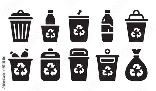 Waste sorting icons including recycle bins and garbage bag silhouettes for ecological design