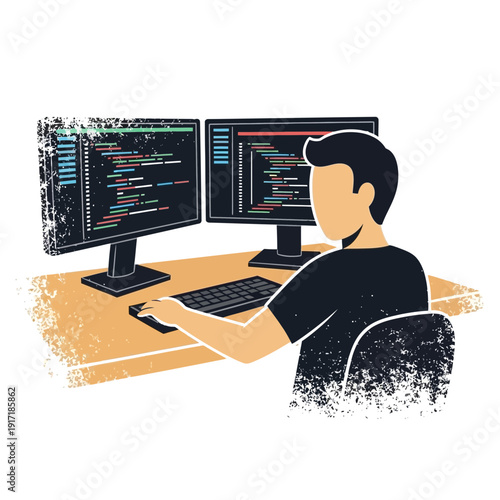 Programmer working on dual monitors with code