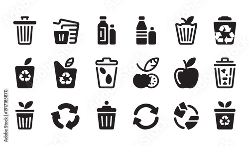 Recycle bin and trash icons set garbage collection waste sorting environment protection