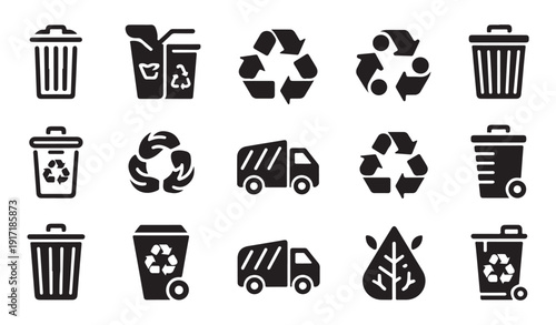 Waste management icons set recycling trash bins garbage trucks environment protection symbols