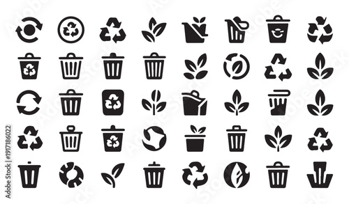 Comprehensive collection of recycling icons waste management symbols and ecological leaf signs