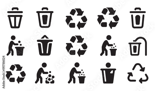 Rubbish bins and recycling symbols set design of garbage collection and reuse