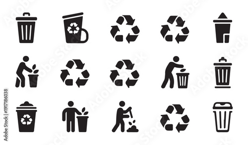 Garbage cans and recycling symbols with people disposing waste properly