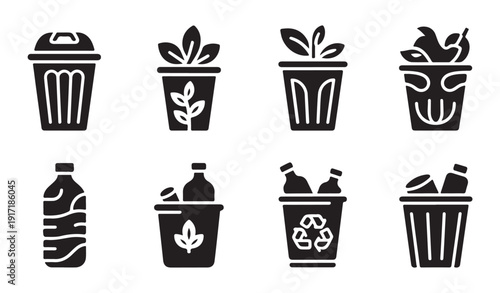 Recycle and trash bin icons set showing different containers for waste sorting