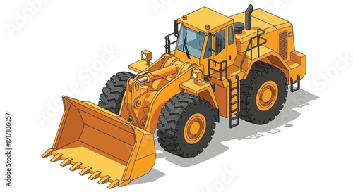 Heavy-duty yellow front-end loader construction vehicle with large scoop.