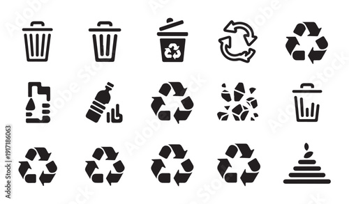 Waste management icons set including trash bins and various recycling symbols