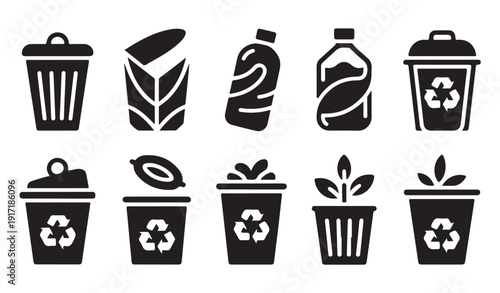 Various black icons representing recycling bins and organic waste concepts