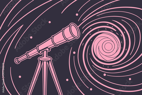 A Pink Telescope Points Towards a Swirling Pink Galaxy in Deep Space Illustrating Astronomical Exploration and Cosmic Wonder