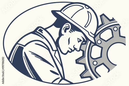 A focused worker in a safety helmet inspecting a large gear, representing industrial precision and craftsmanship