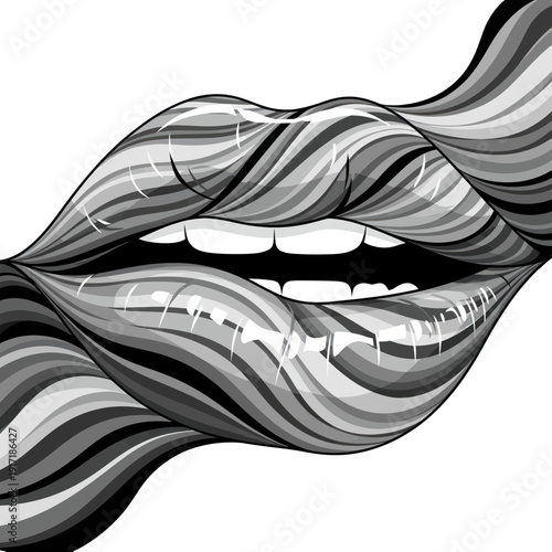 Abstract Black and White Lips with Swirling Stripes