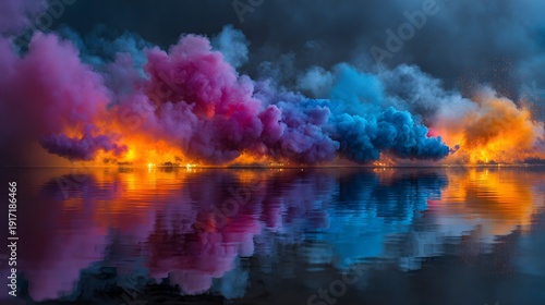 Vibrant colorful smoke reflecting on water surface at dusk.