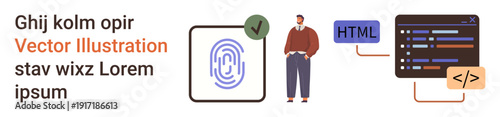 Digital identity, coding education, web design, programming, cybersecurity, authentication. Fingerprint icon, person and coding interface with HTML and code snippets. Digital identity and coding