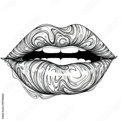 Abstract Swirl Lips Drawing - Black and White Ink Illustration