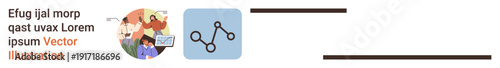 Business networking, collaboration, teamwork, digital communication, data sharing, connectivity. A network icon beside an illustration of people in a collaborative setting. Digital communication