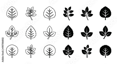 Leaf Icons Set: Outline and Silhouette Styles, Nature Elements