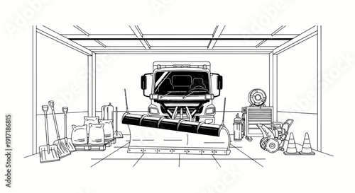 Snow Plow Truck in Garage with Winter Equipment and Supplies