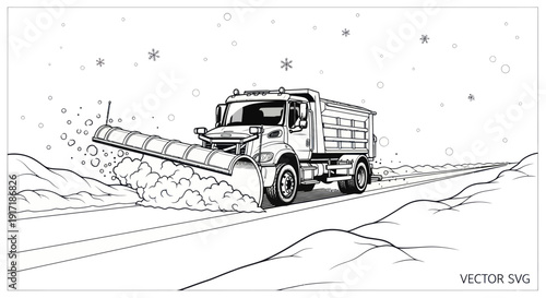Snow plow truck clearing road in winter storm, vector illustration