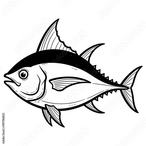 Tuna Fish Illustration, Black and White Drawing, Seafood Animal