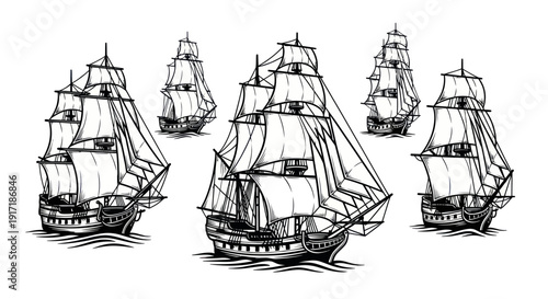 Vintage Sailing Ships Fleet, Hand Drawn Illustration, Nautical Adventure