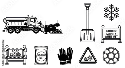 Winter Road Maintenance Icons: Snowplow, Salt, Shovel, Snowflake, Warning Signs