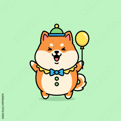 Cute Shiba Inu Dog Wearing Clown Costume Holding Balloon.