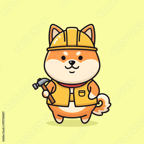 Cute Shiba Inu Dog Wearing Hard Hat and Holding Hammer.