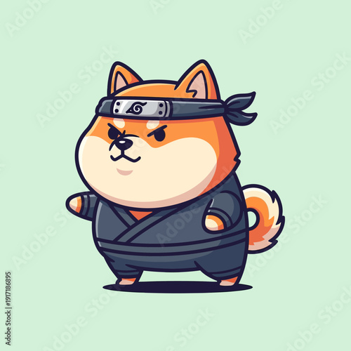 Cute Shiba Inu Ninja Warrior Cartoon Illustration.